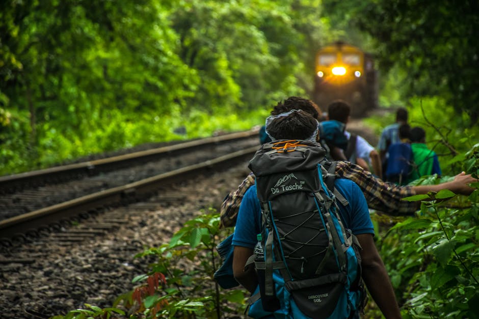 Group of backpackers walking along railway tracks through lush forest with approaching train
